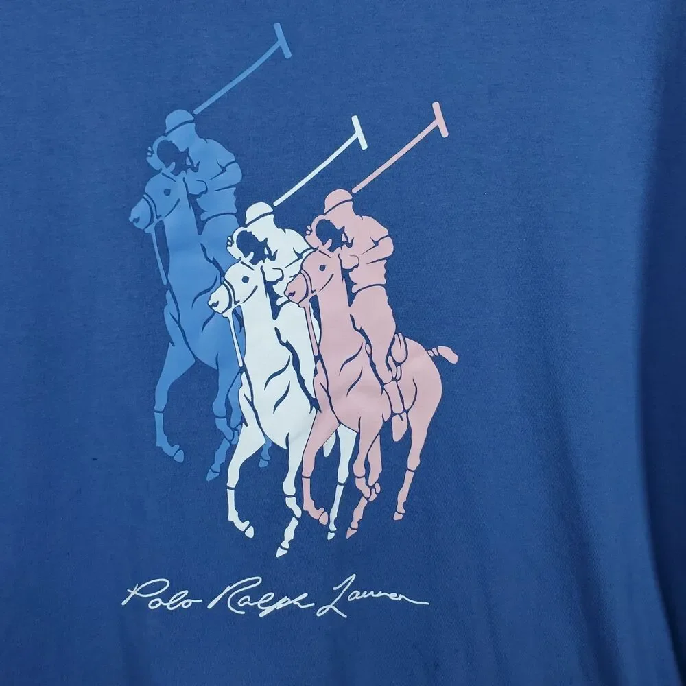 Polo Ralph Lauren Classic Fit Tricolor Triple Big Pony Shirt Mens 2XL Blue